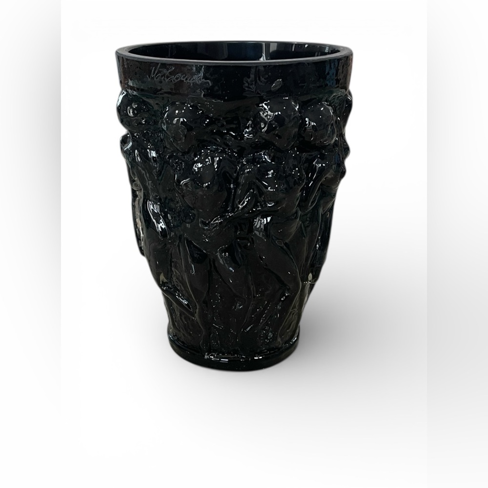 Handcrafted Vintage Sculptured Black Crystal Glass Vase 10 Inches Tall